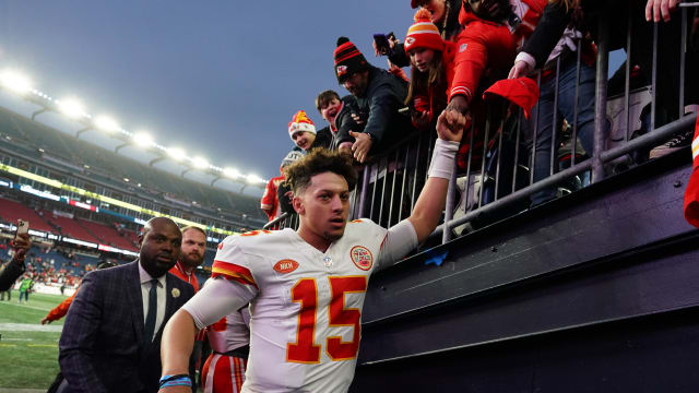 Dec 17, 2023; Foxborough, Massachusetts, USA; Kansas City Chiefs quarterback Patrick Mahomes (15) exits the field after defeating the New England Patriots at Gillette Stadium. Mandatory Credit: David Butler II-USA TODAY Sports  